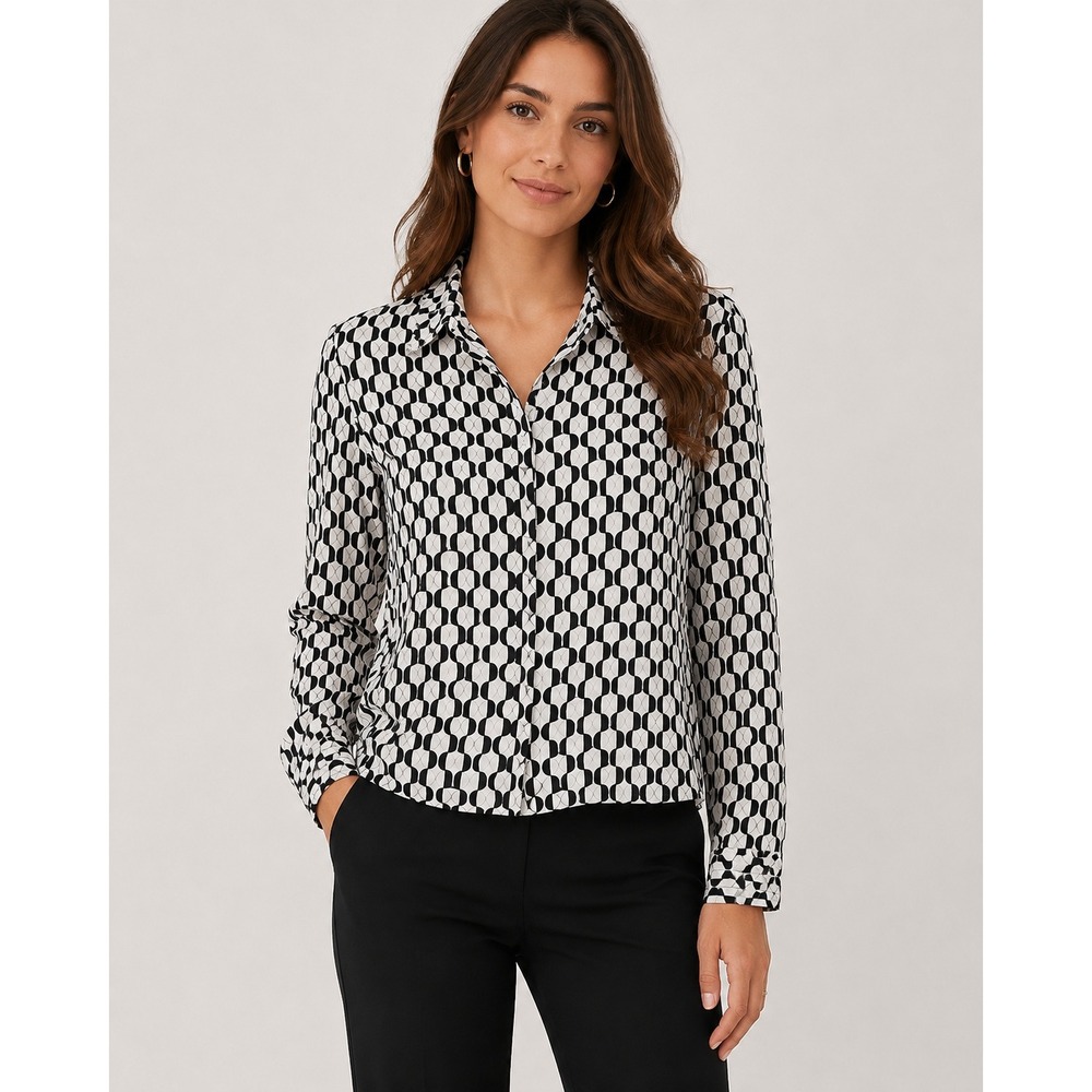 J.McLaughlin Catalina Cloth Polo Top Womens Small Black White Geo Print